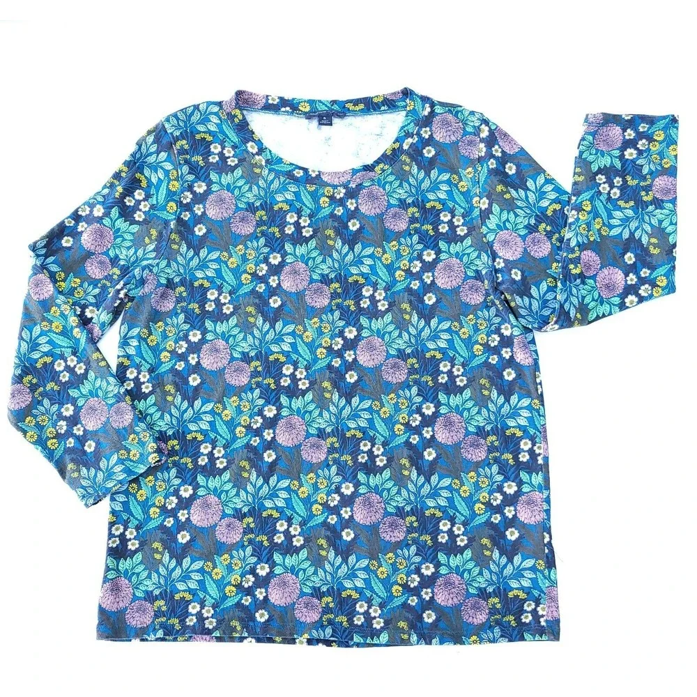 J‎ Crew T-Shirt Women M Blue Abigail Borg Prairie Moonlight Floral Cotton Top